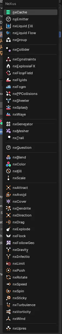 The INSYDIUM NeXus Add menu, listing every NeXus object grouped into categories with dividers