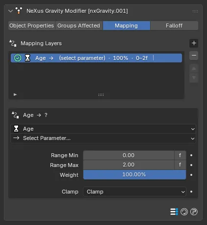 The Mapping tab on nxGravity, with one Age layer added
