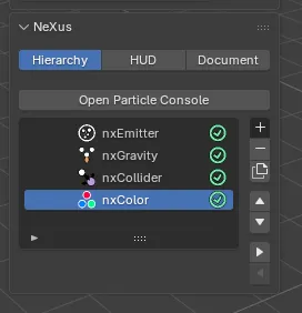 The NeXus tab of the N-panel on the Hierarchy page, showing the Hierarchy, HUD and Document sub-tabs, the Open Particle Console button and the hierarchy list of NeXus objects