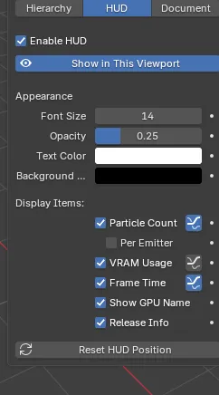 The HUD sub-tab of the NeXus Hierarchy panel, showing the Enable HUD toggle, the Appearance settings and the Display Items list