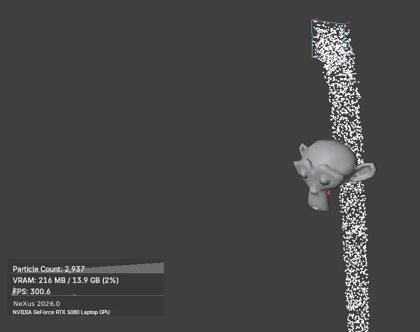 The NeXus HUD overlay drawn in the corner of the viewport during playback, showing particle count, VRAM use and frame rate