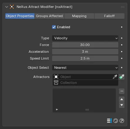 The nxAttract Object Properties panel