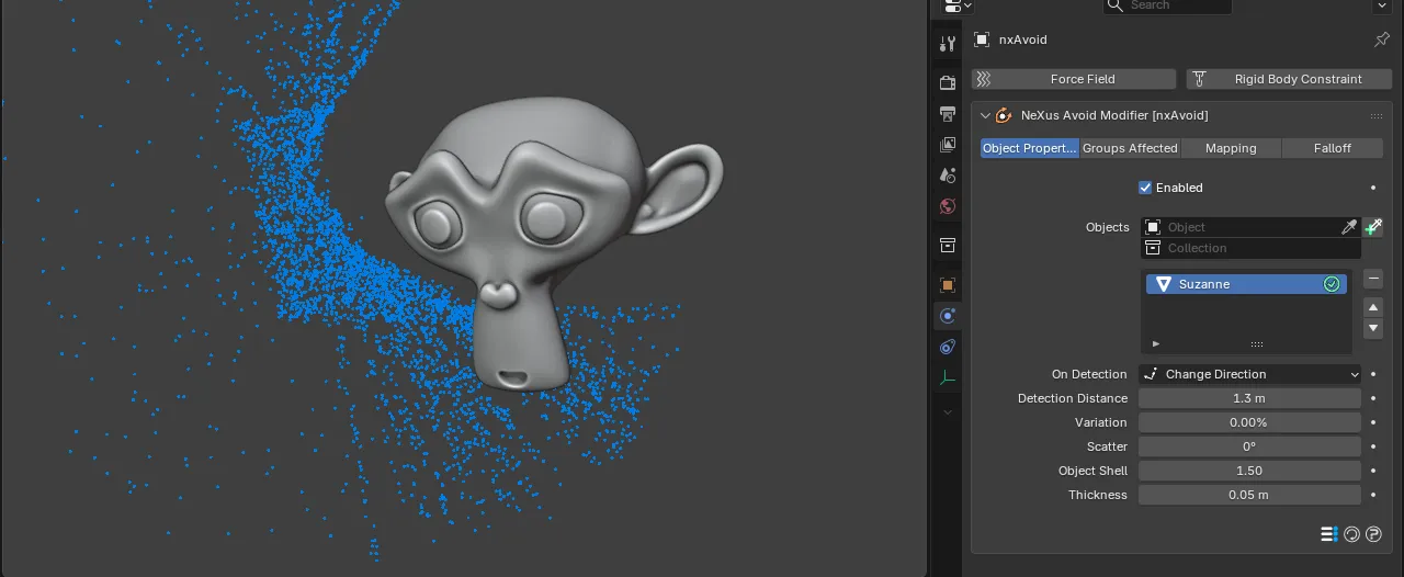 The nxAvoid Object settings for the selected object