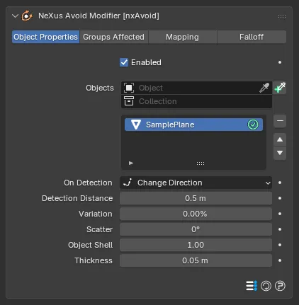 The nxAvoid Object Properties panel