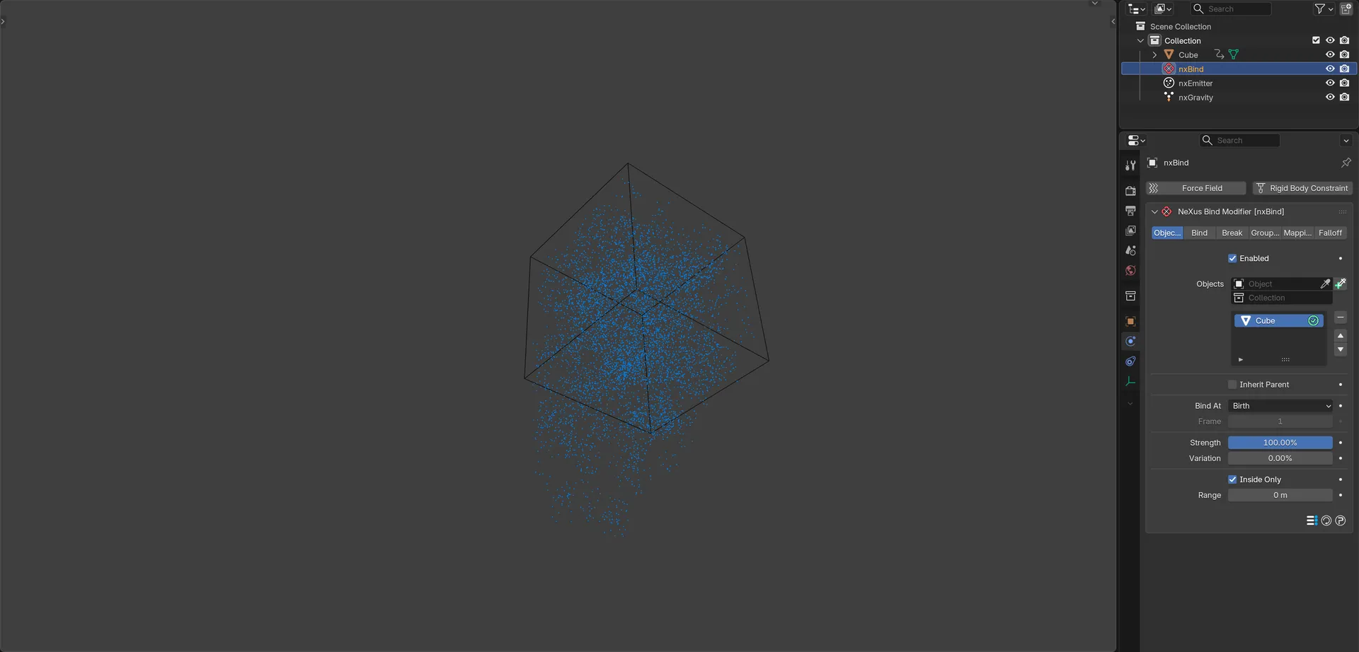 Particles held inside a rotating cube by nxBind in Blender