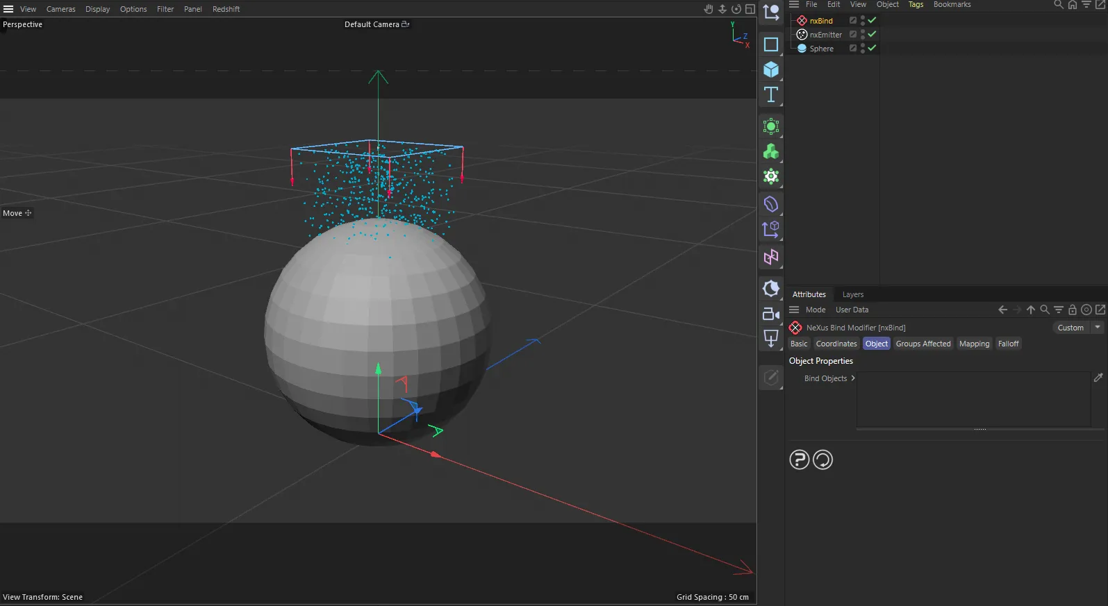nxBind in Cinema 4D, with its settings in the Attribute Manager