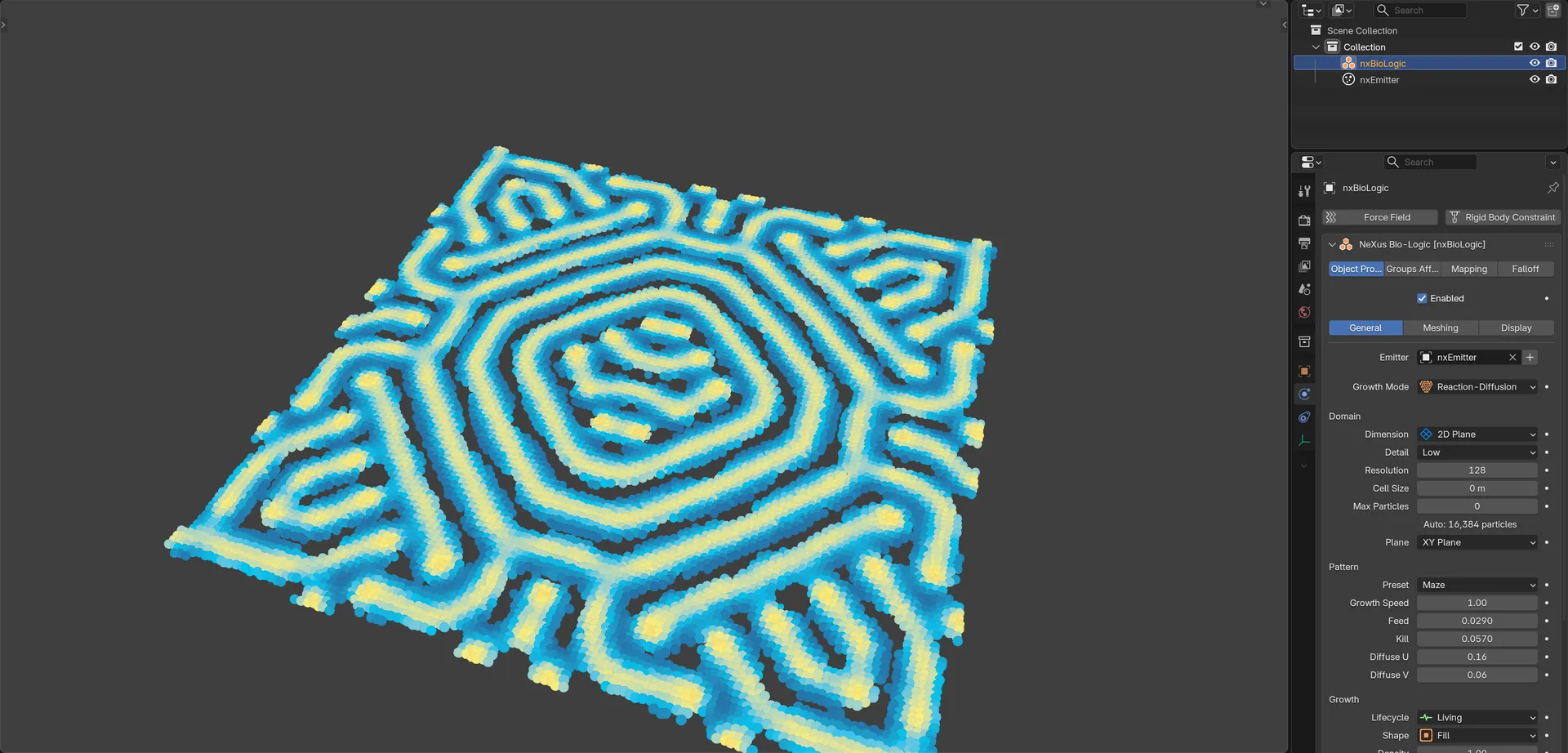 A Reaction-Diffusion maze pattern grown by nxBioLogic in Blender