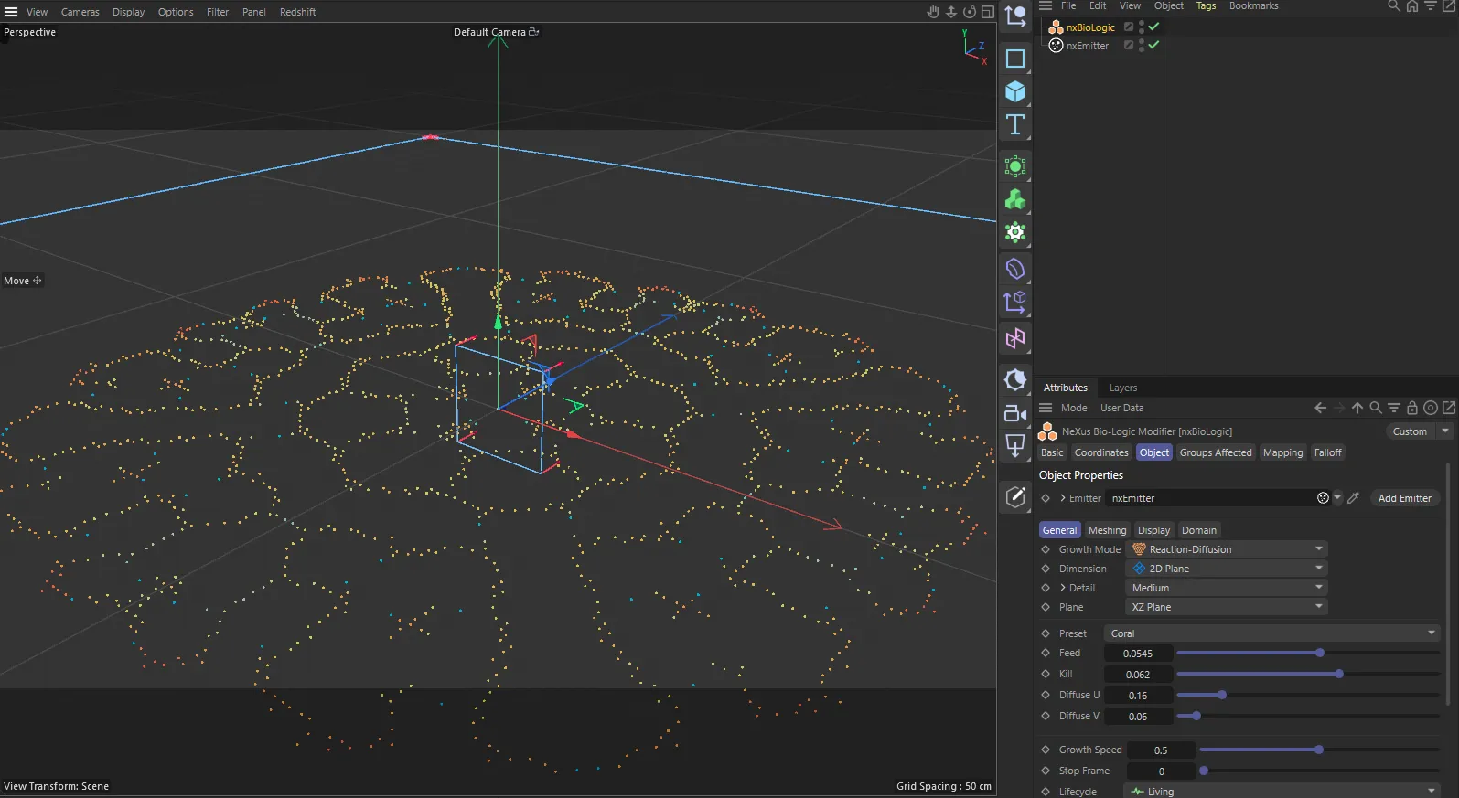 nxBioLogic in Cinema 4D, with its settings in the Attribute Manager