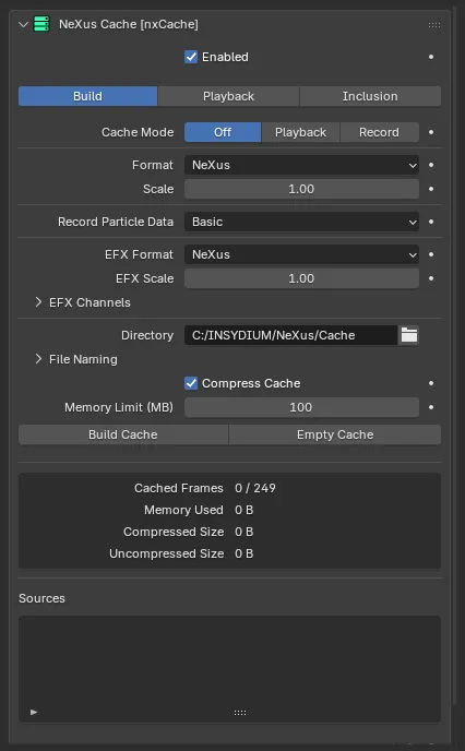 The nxCache panel on its Build tab