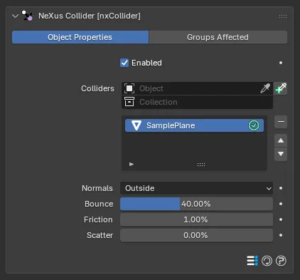 The nxCollider panel with a collision object added