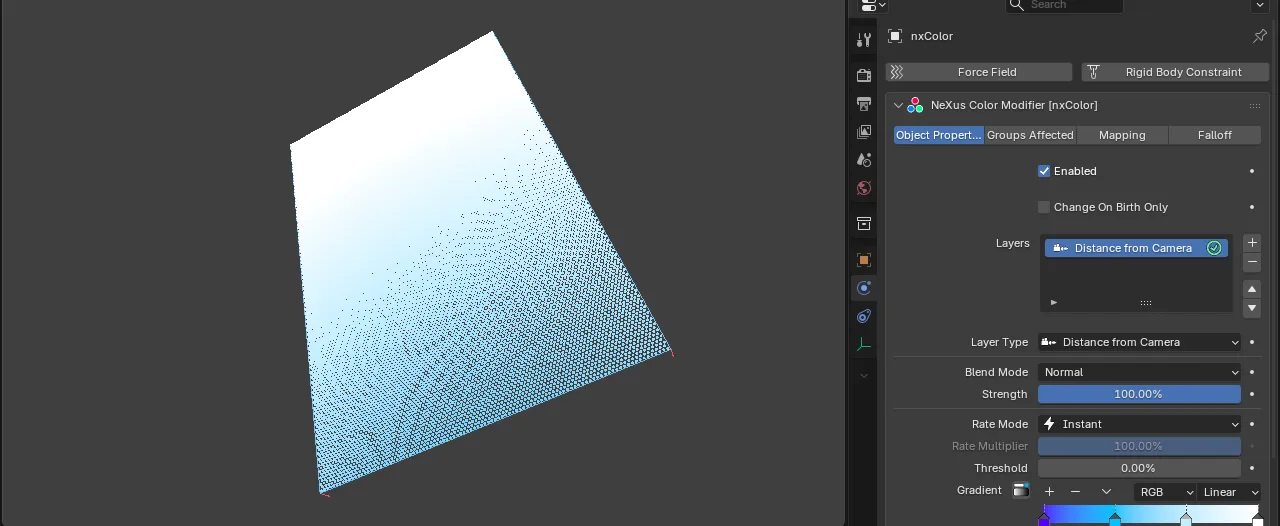 A receding sheet of particles fading in color with distance from the camera