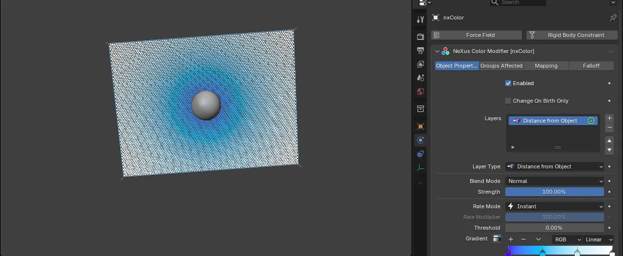 A sheet of particles colored by their distance from a central sphere