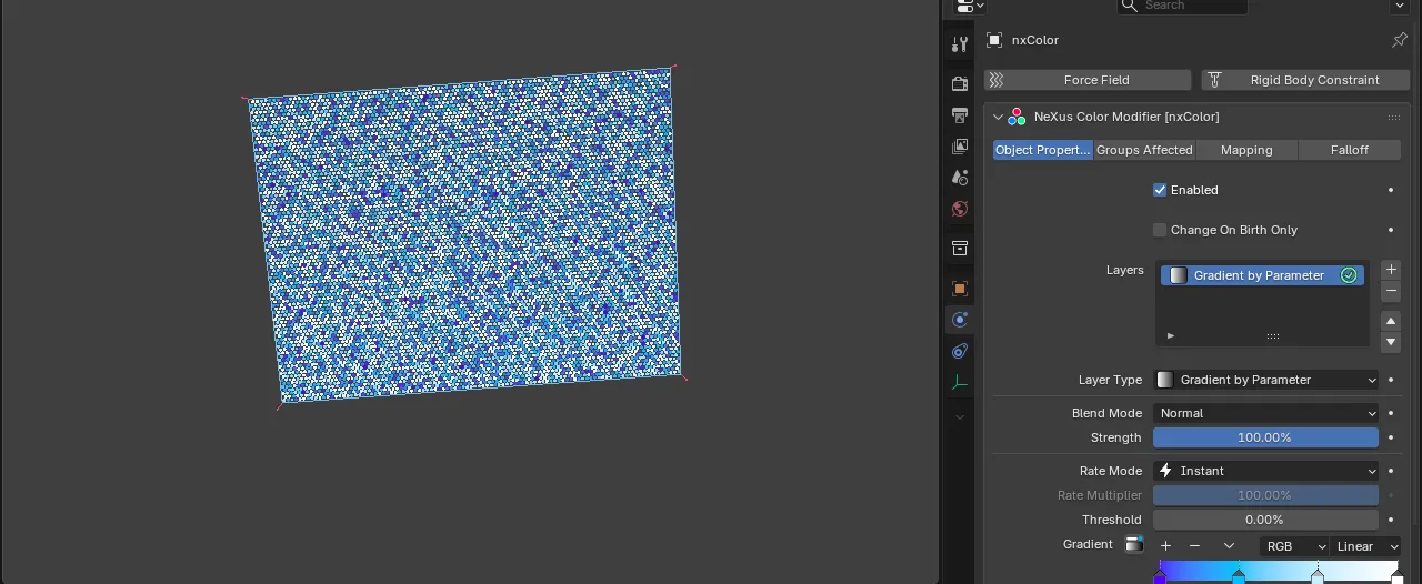 A sheet of particles colored by a per-particle parameter through the gradient