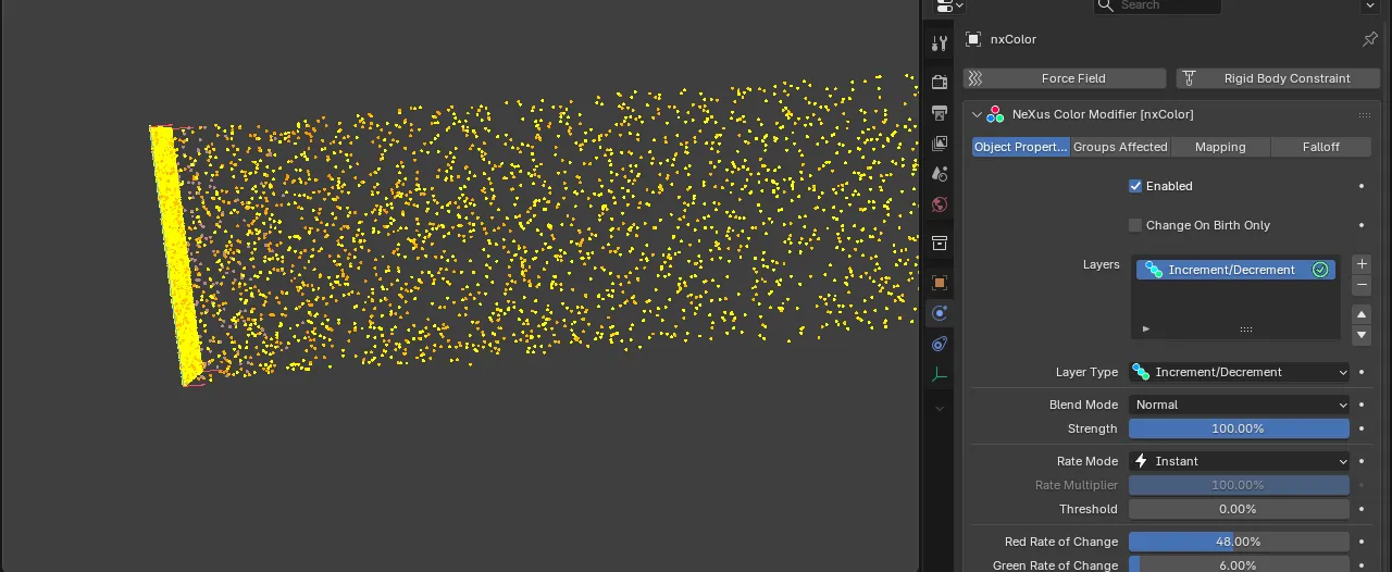 A stream of particles shifted to a warm gold by an Increment/Decrement layer