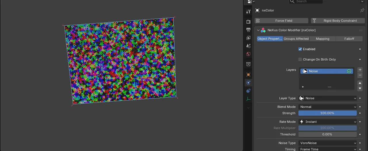A sheet of particles colored by a VoroNoise field