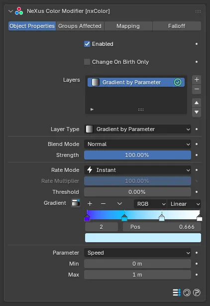 The nxColor Object Properties panel with a Gradient by Parameter layer