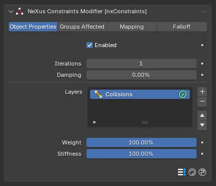 The Collisions layer settings