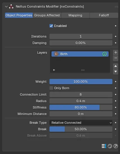 The Connection Birth layer settings