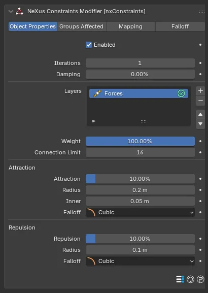 The Forces layer settings