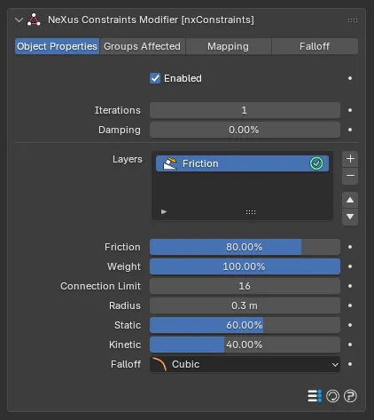 The Friction layer settings