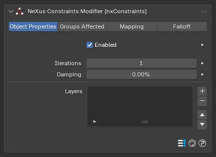 The nxConstraints Object Properties panel with an empty Layers list