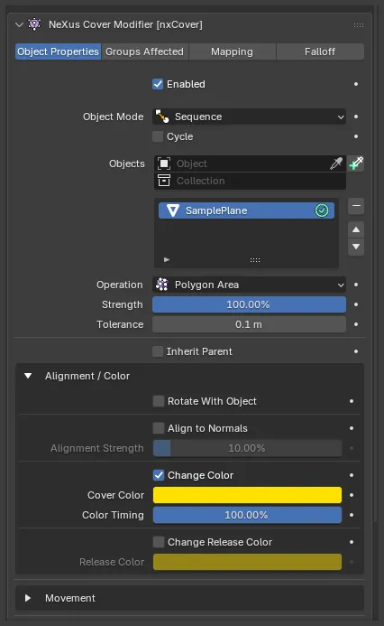 The nxCover Alignment / Color group expanded, showing the alignment and color controls
