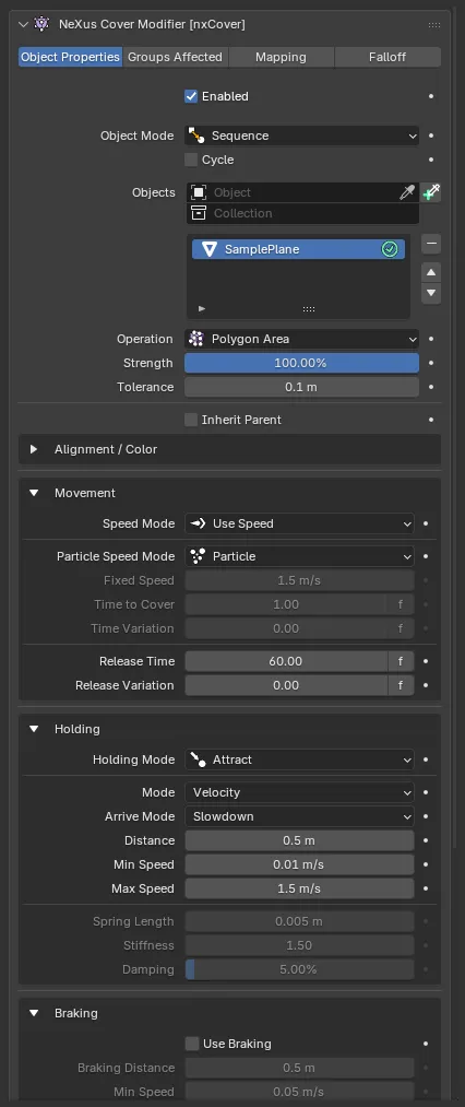 The nxCover object settings, showing the Movement, Holding and Braking groups