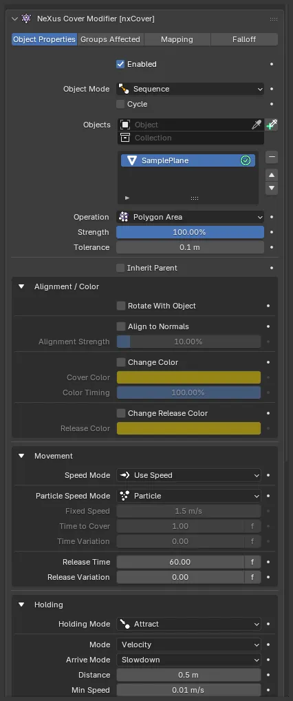 The nxCover Object Properties panel