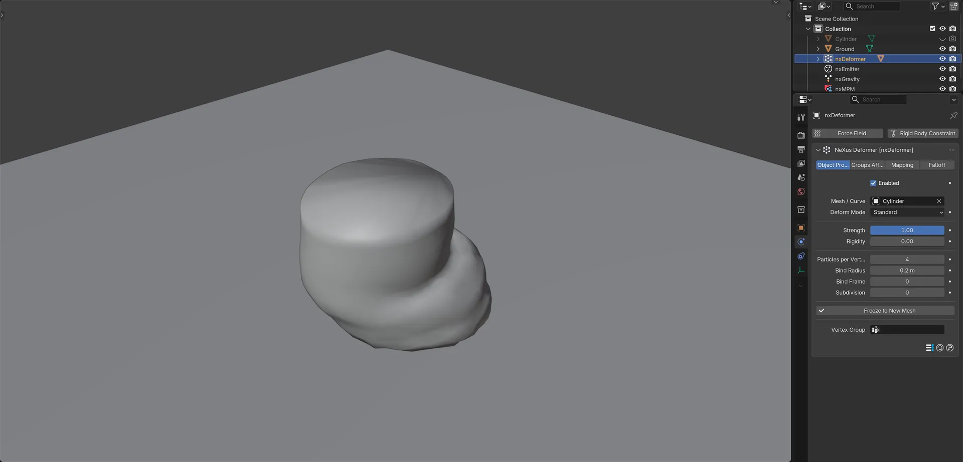 A cylinder mesh sagging with nxMPM particles through nxDeformer in Blender