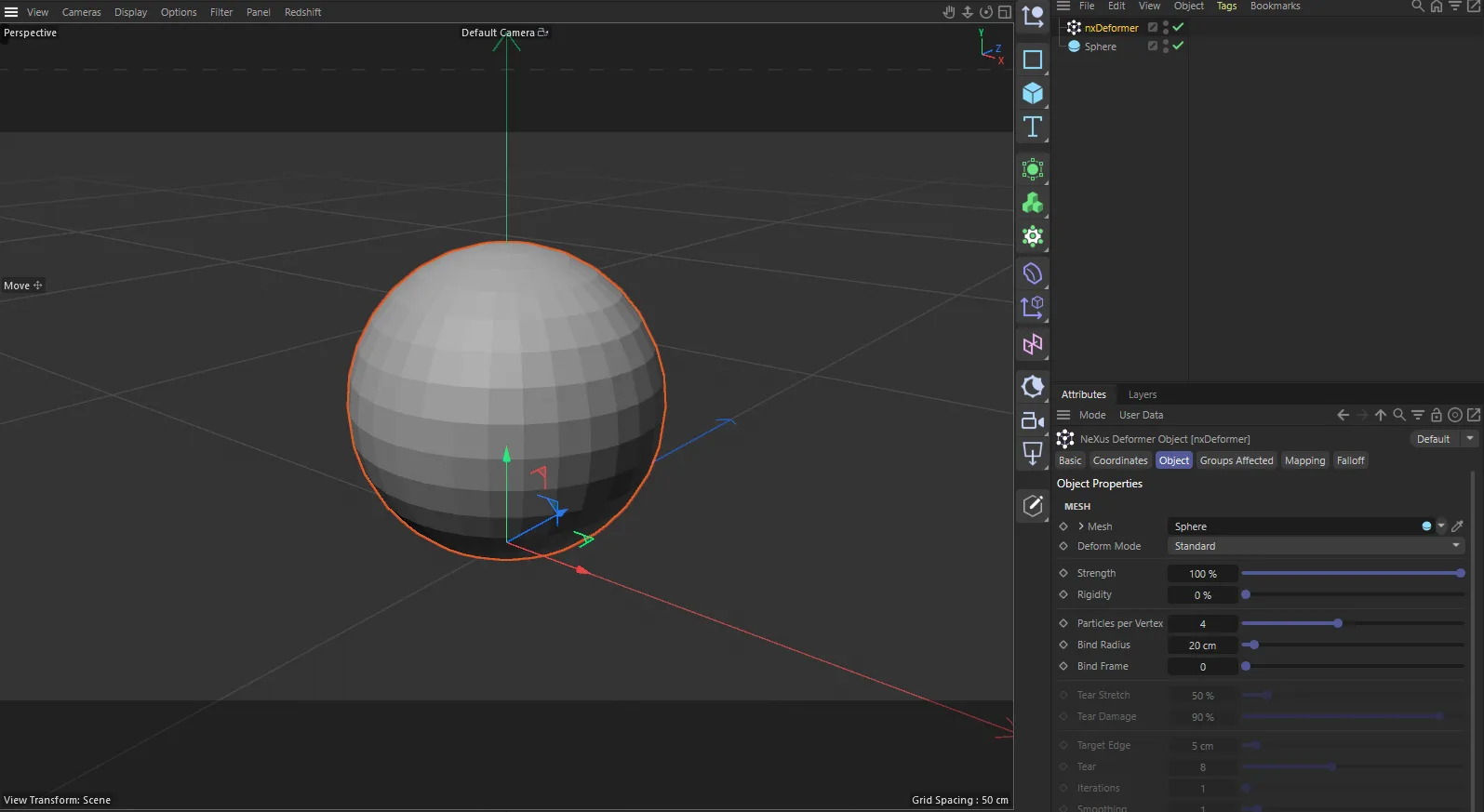nxDeformer in Cinema 4D, with its settings in the Attribute Manager