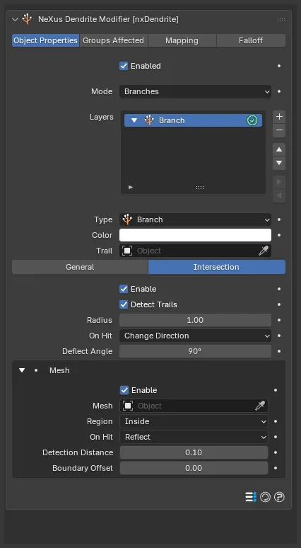 The nxDendrite Intersection tab