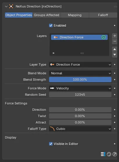 The nxDirection Object Properties panel with a Direction Force layer