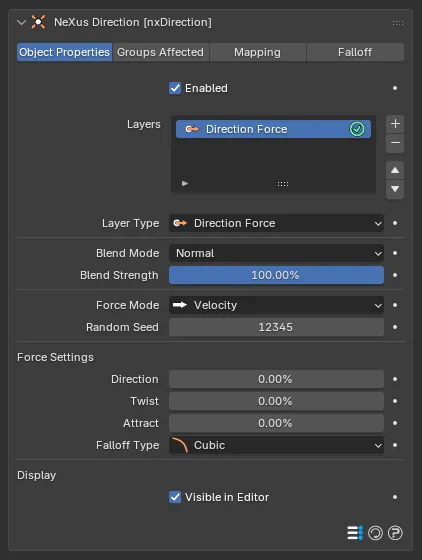 The nxDirection panel with a Direction Force layer