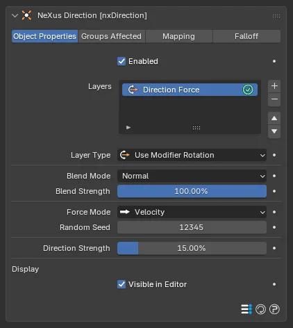 The nxDirection panel with a Use Modifier Rotation layer