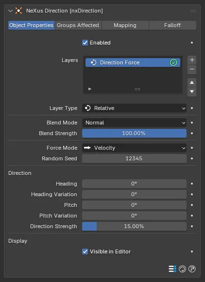 The nxDirection panel with a Relative layer
