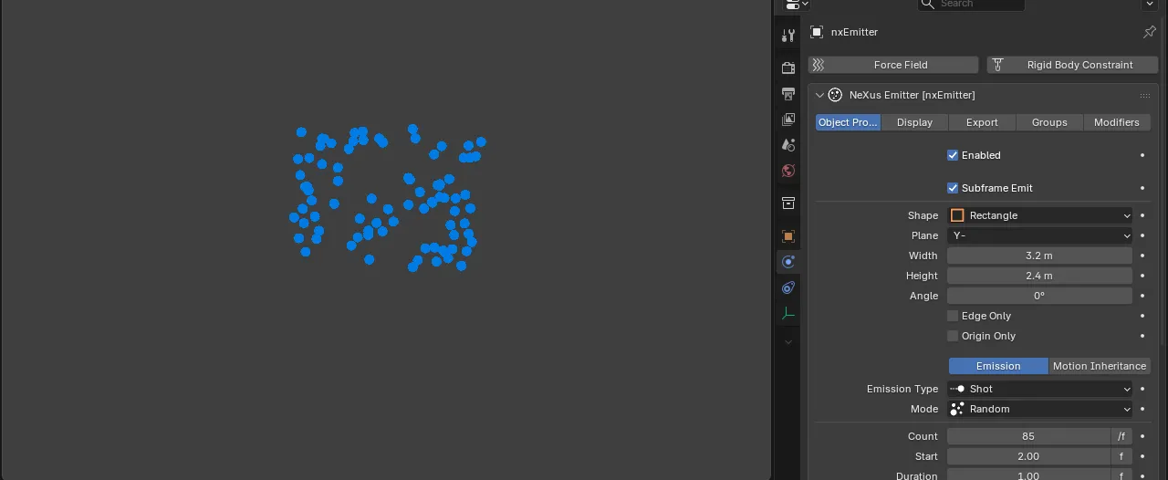 Random mode: a shot of particles scattered at random positions across the rectangle, clustering in places and leaving gaps in others
