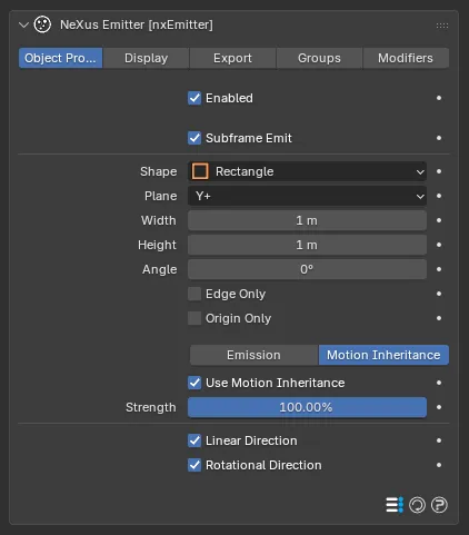 The nxEmitter Motion Inheritance sub-tab, with Use Motion Inheritance enabled