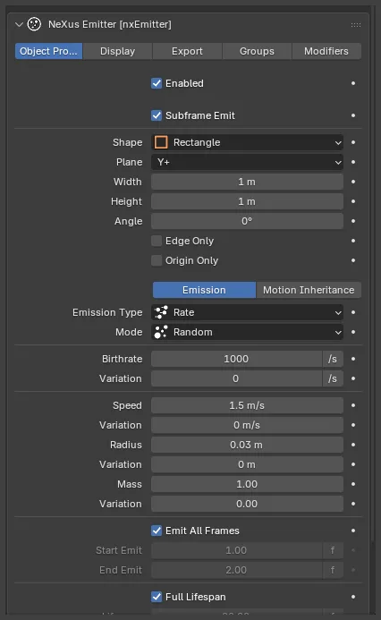 The nxEmitter Object Properties panel