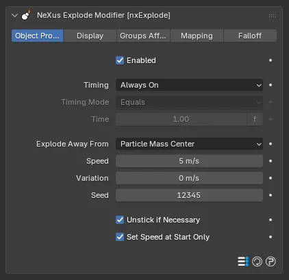 The nxExplode Object Properties panel