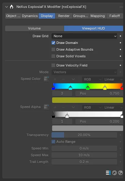 The nxExplosiaFX Display tab, Viewport HUD section