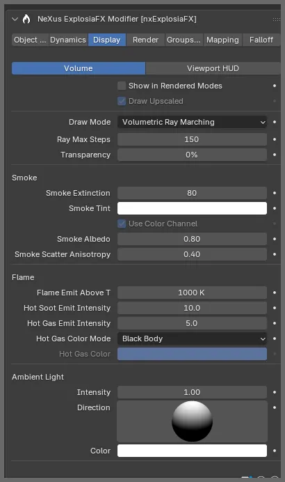 The nxExplosiaFX Display tab, Volume section