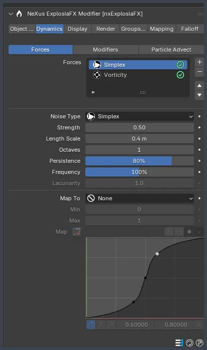 The nxExplosiaFX Dynamics tab, Forces section