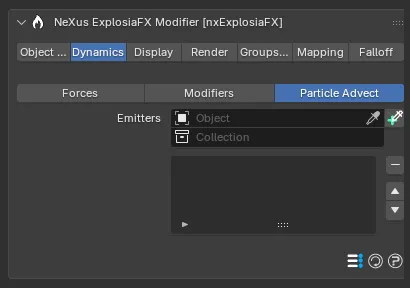 The nxExplosiaFX Dynamics tab, Particle Advect section
