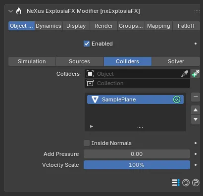 The nxExplosiaFX Colliders section