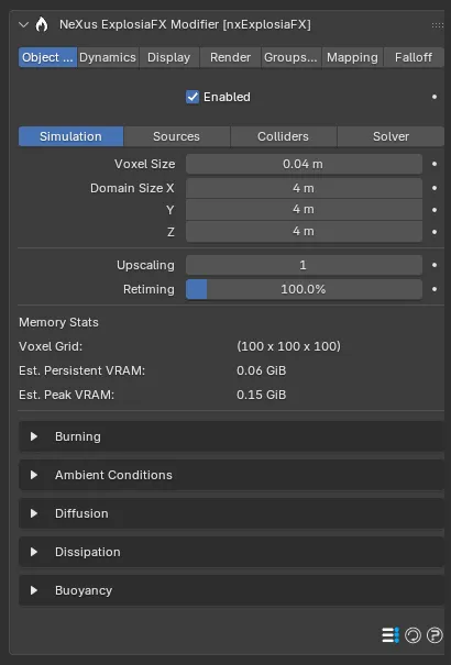 The nxExplosiaFX Object Properties panel, Simulation section