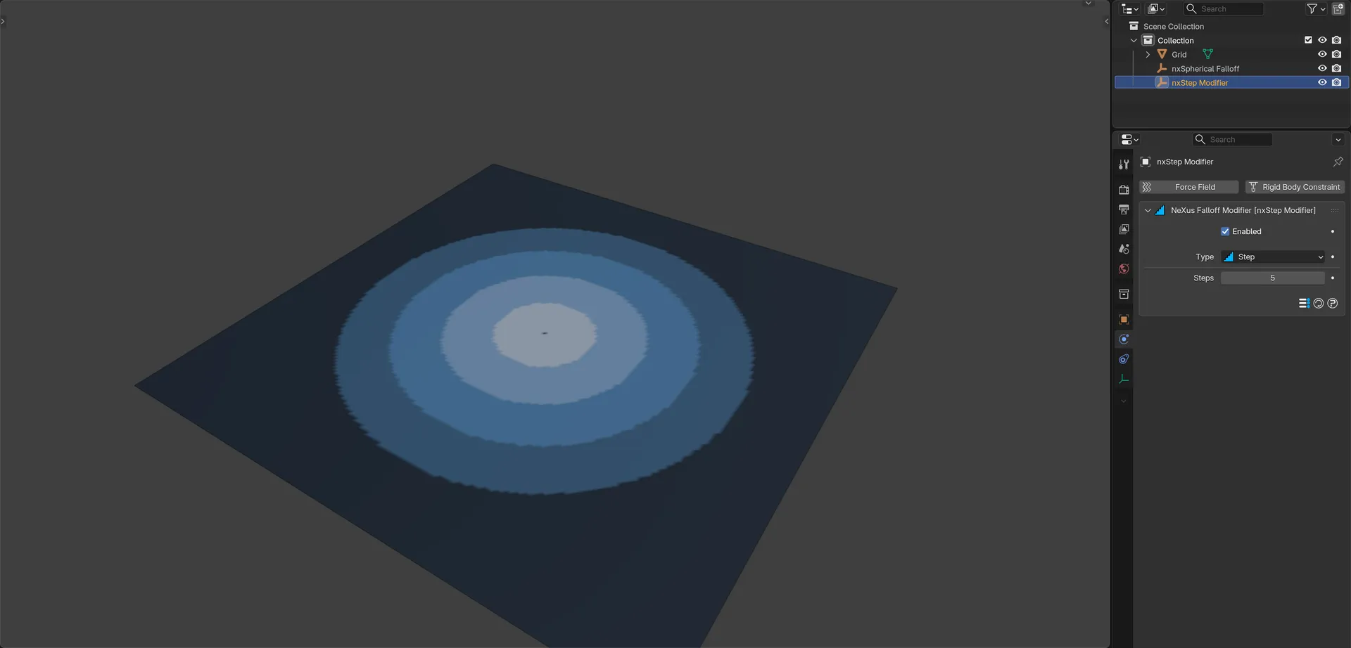 A Step falloff modifier banding a spherical falloff in Blender