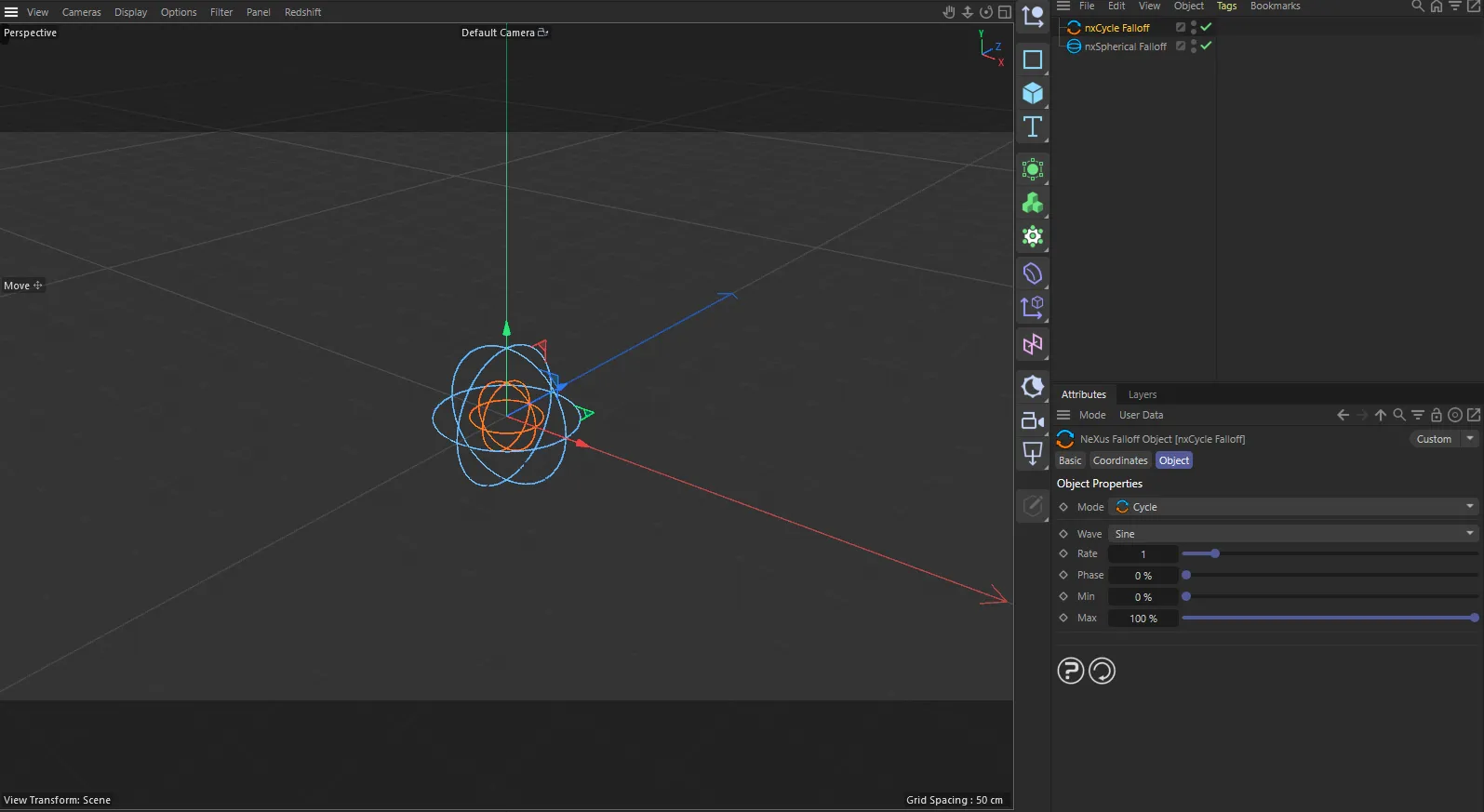 nxFalloff Modifier in Cinema 4D, with its settings in the Attribute Manager
