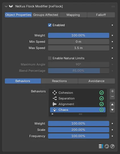 The nxFlock Chaos behavior settings