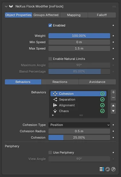 The nxFlock Behaviors section with the Cohesion settings
