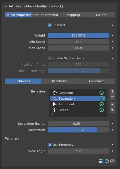 The nxFlock Separation behavior settings